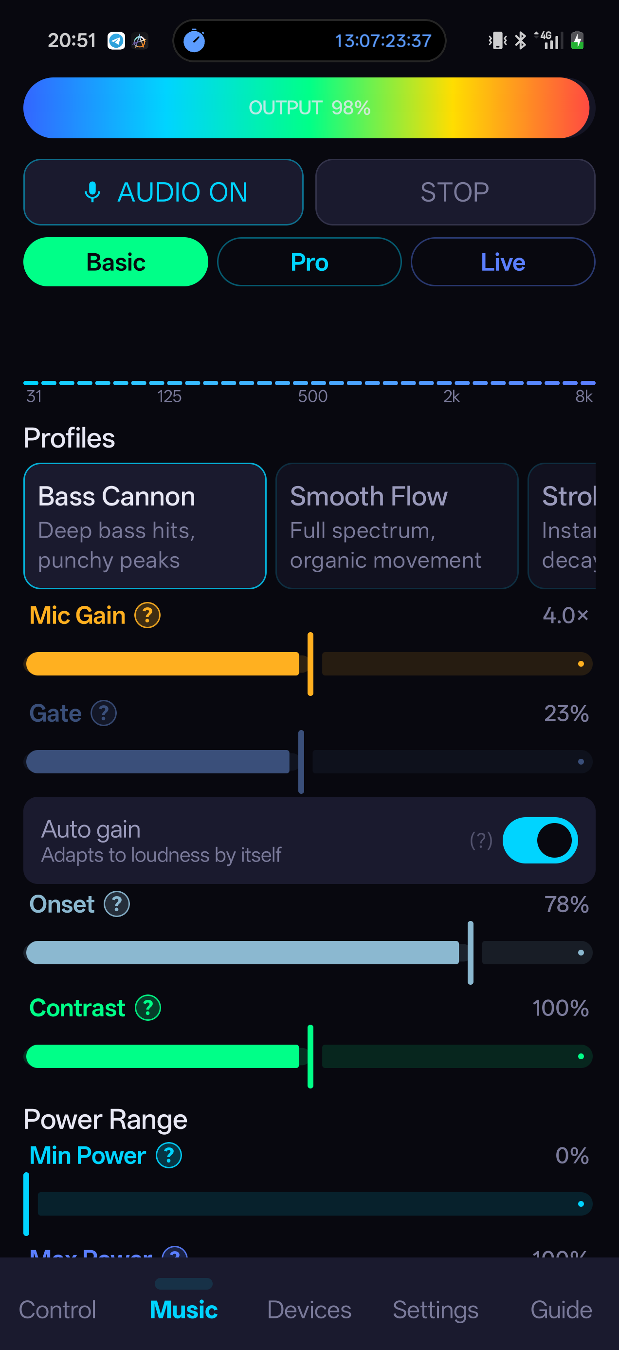 PlasmaTube app, Music tab: sound-reactive profiles and audio controls